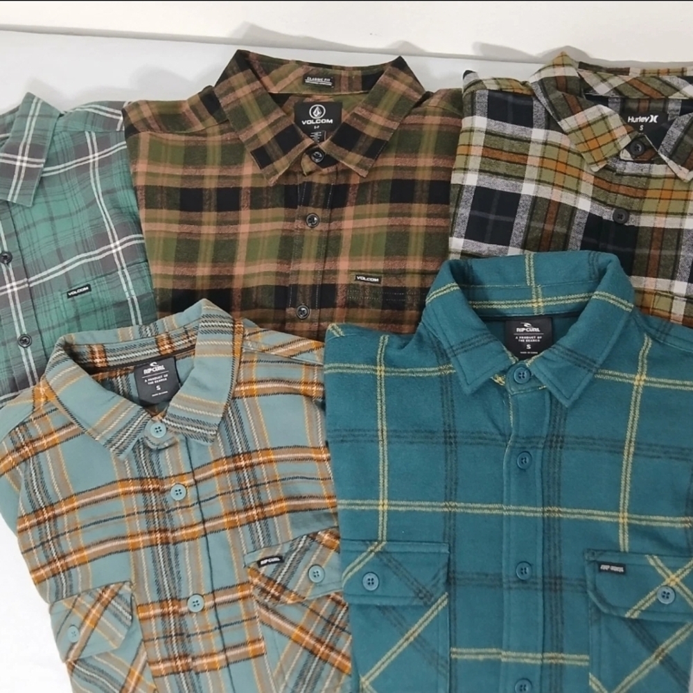 Volcom, Hurley, Rip Curl Men's Plaid Button Down Shirts 5 Pack